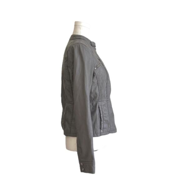 Jou Jou Gray Faux Leather Detachable Hood Fitted Pockets Moto Jacket Coat Medium - Picture 6 of 14